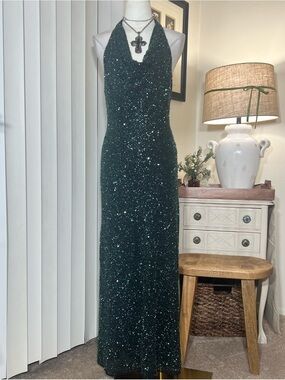 Vintage Black Reflective Green Beaded Sequin Halter Maxi Dress